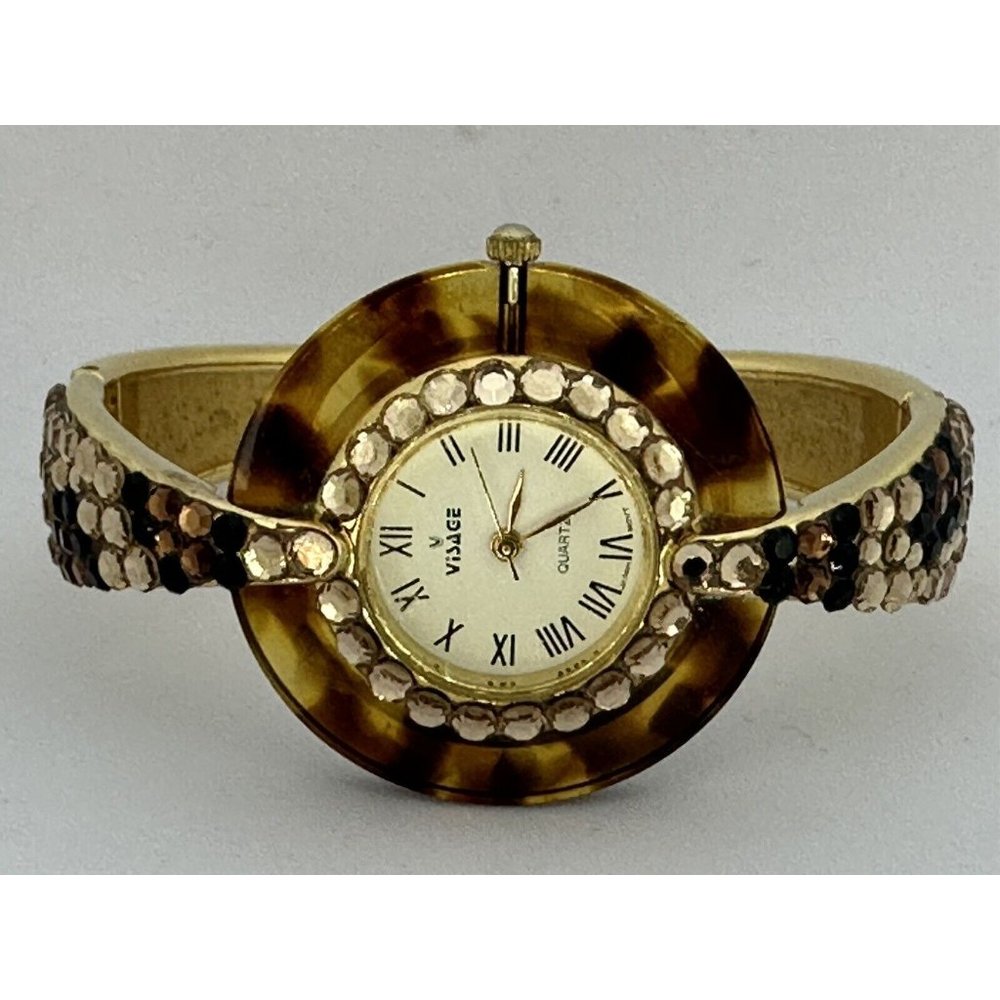 Visage Women Cuff Watch New Battery 10345 Gold Tone  Vintage Art Deco‎ A